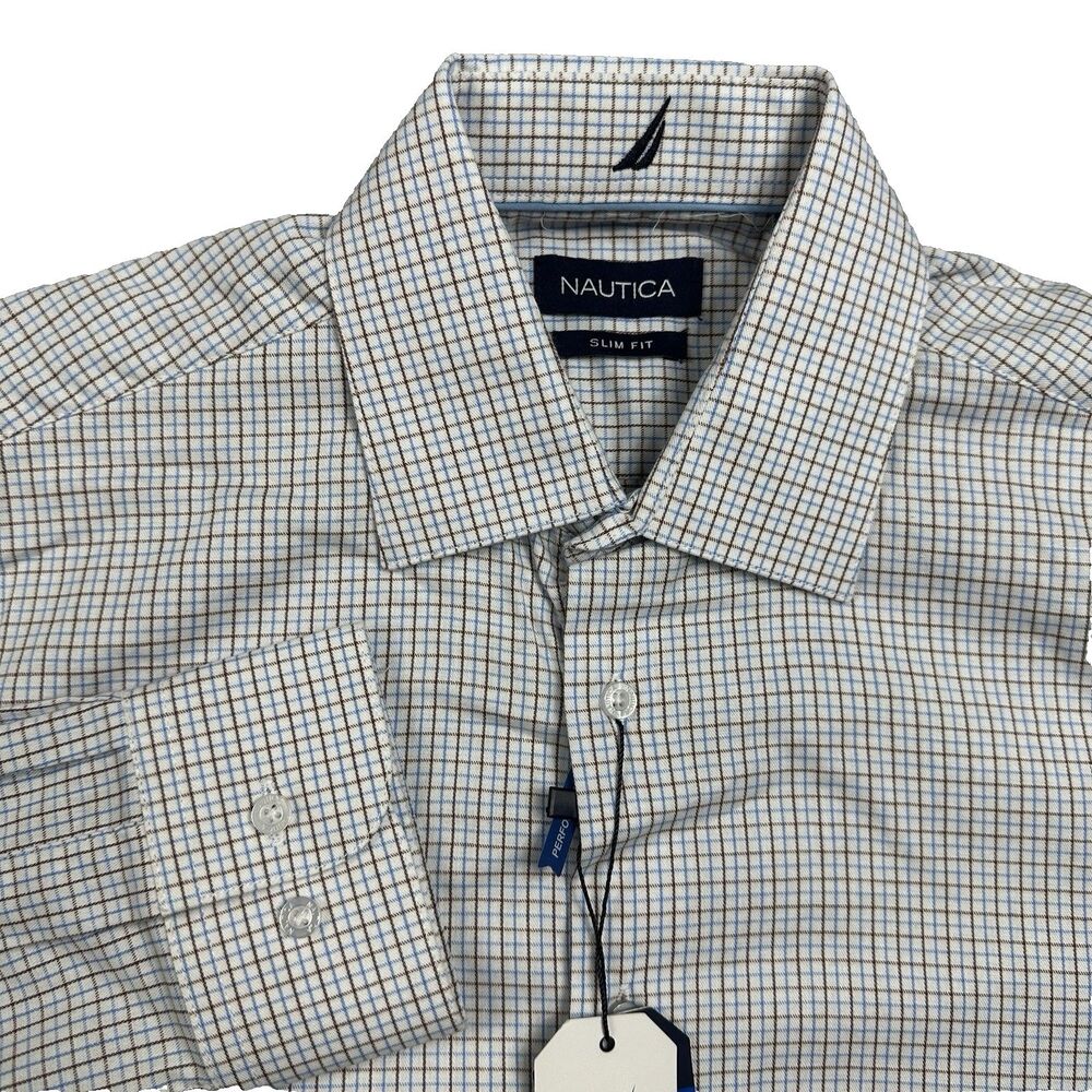 Nautica Mens Dress Shirt Slim Fit Blue Brown Plaid Cotton Size 14-14.5 32/33